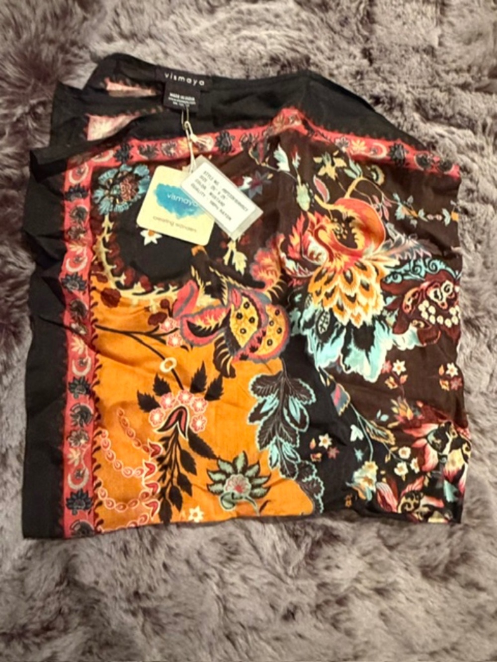 Vismaya NWT Floral Square Scarf Bandana Orange Black Teal Coral Boho